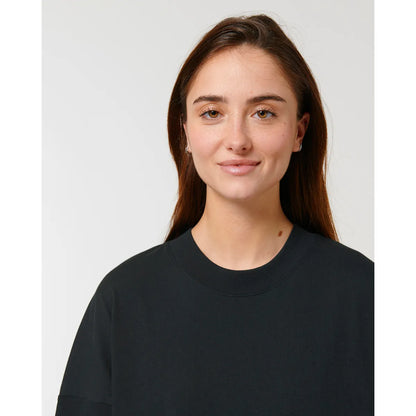 Black relaxed fit tshirt neck closeup